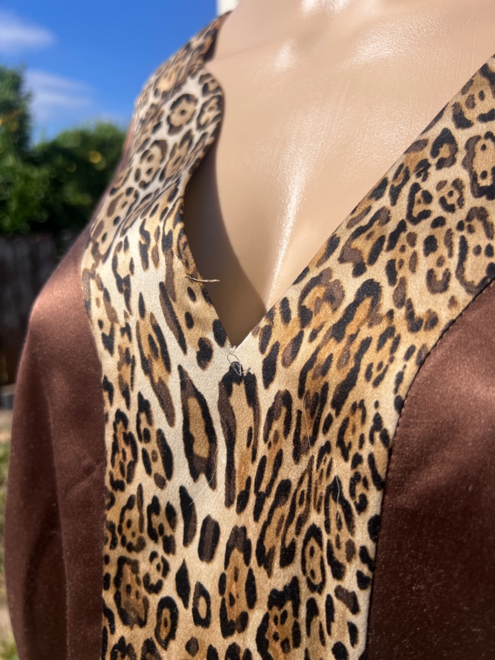 New York & Company Brown Satin Tunic with Leopard-Print V Inset - Picture 3 of 7
